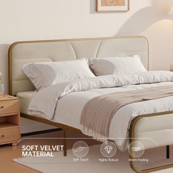 Ahokua Cream White Frame King Size Soft Velvet Platform Bed Ahokua Cream White Frame King Size Soft Velvet Platform Bed