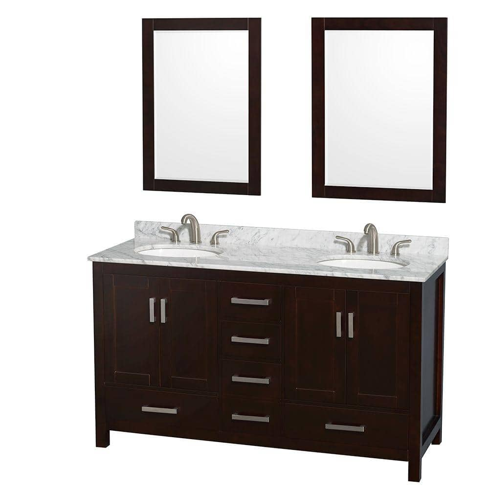 Wyndham Collection Sheffield 60 in. W x 22 in. D x 35 in. H Double Bath Vanity in Espresso with White Carrara Marble Top and 24" Mirrors