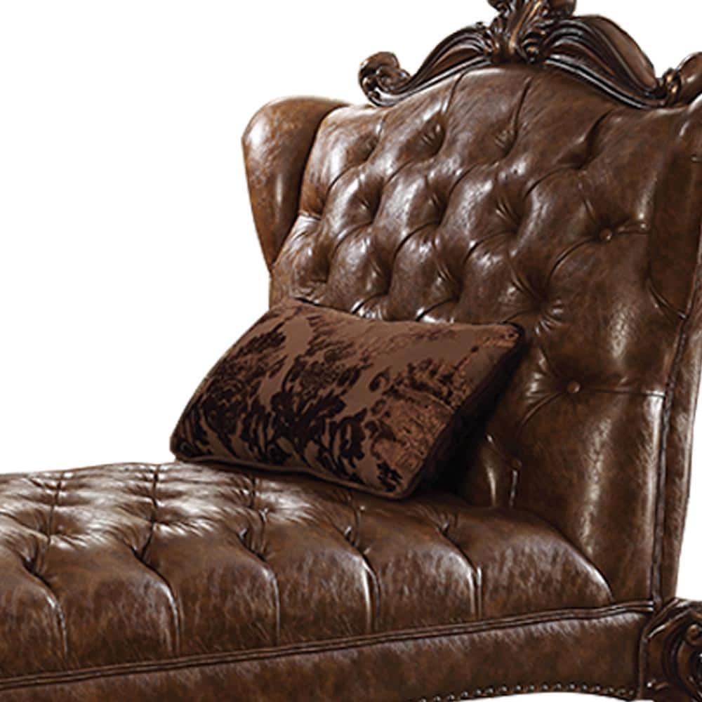 Handcrafted Brown Faux Leather Chaise with Cherry Oak Finish