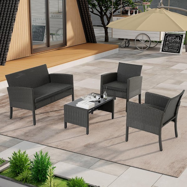 Unbranded 4-Piece Wicker Patio Conversation Set with Cushions, include Loveseats, Coffee Table Porch, Poolside, Terrace, Gray