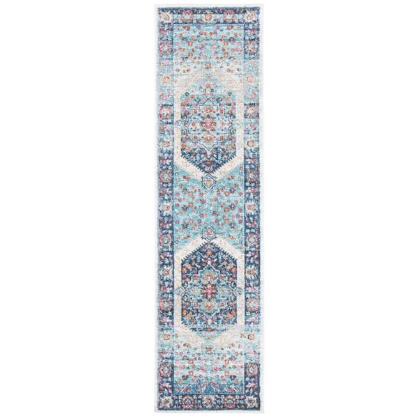 Phoenix 2 ft. x 10 ft. Ivory/Blue Distressed Medallion Border Runner Rug