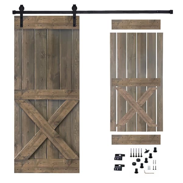 Akicon 36 in. x 84 in. Briar Smoke Painted Wood Sliding Door with Hardware Kit, Pre-Drilled Ready to Assemble