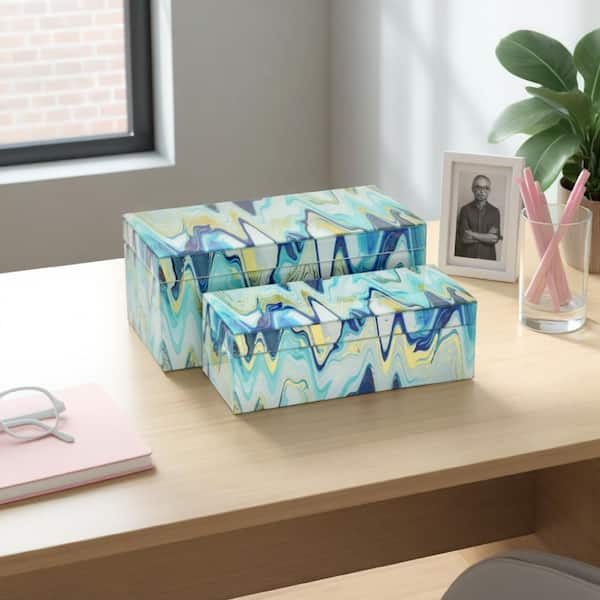 Jenny Teal Blue 6.75 in. W x 6 in. H Glass Abstract Marbled Decorative Box (Set of 2)