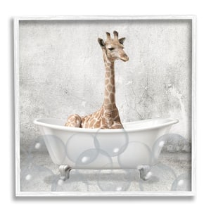 Baby Giraffe Bath Time Cute Animal Design By Kim Allen Framed Print Animal Texturized Art 17 in. x 17 in.