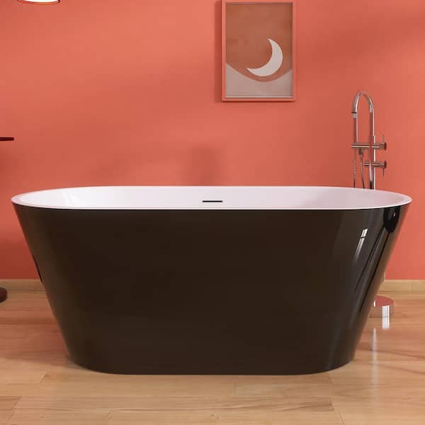 Ane 55 in. x 27.5 in. Acrylic Soaking Tub Flatbottom Free Standing Bathtub Chrome Anti-Clogging Drain in Glossy Black