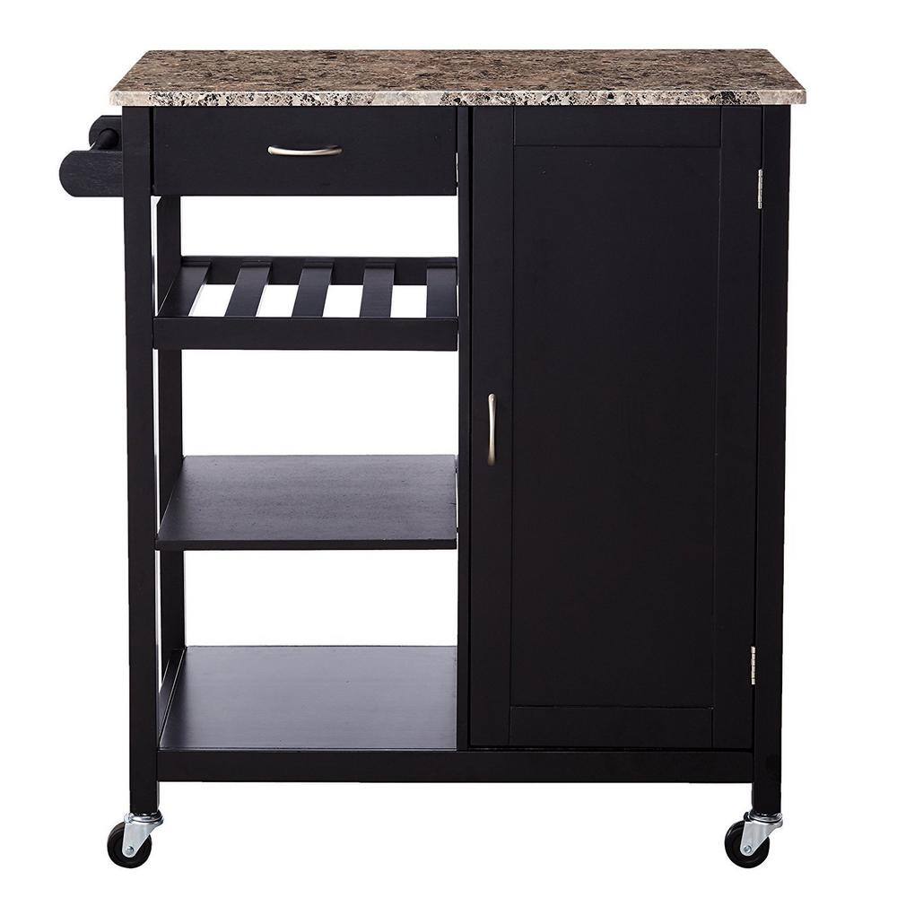 Kings Brand Furniture Black Kitchen Cart with Marble Laminate TopLB50Y The Home Depot