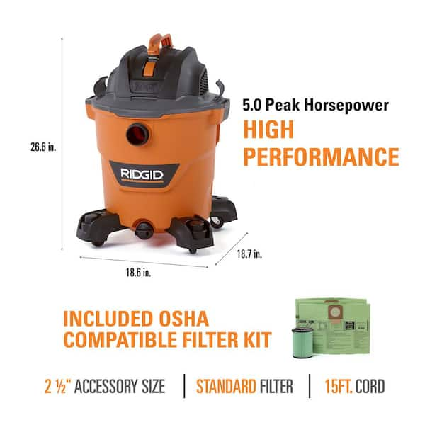 RIDGID 12 Gallon 5.0 Peak HP NXT Wet/Dry Shop Vacuum with Filter