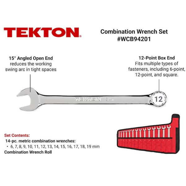 TEKTON 6 - 19 mm Combination Wrench Set with Pouch (14-Piece