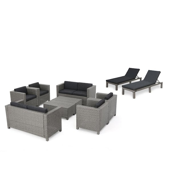 10-Piece Faux Rattan Patio Conversation and Lounge Set with Dark Gray Cushions