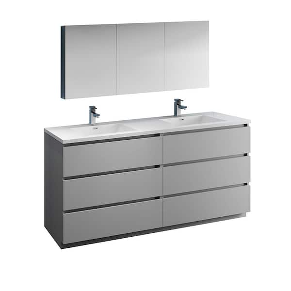 Fresca Lazzaro 72 in. Modern Double Bathroom Vanity in Gray with Vanity Top in White with White Basins and Medicine Cabinet