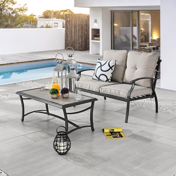 2-Piece Metal Patio Loveseat and Coffee Table Deep Seating Set with Light Gray Cushions