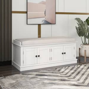 White Entryway Storage Bench, Dining Bench with Magnetic Attraction Doors and Adjustable Shelves 42.7 in.