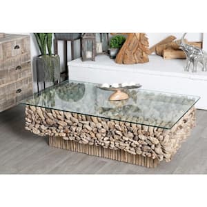 49 in. Brown Medium Rectangle Driftwood Handmade Collage and Pedestal Base Coffee Table with Tempered Glass Top