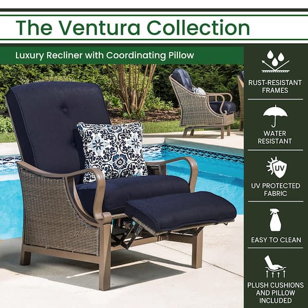 Hanover Ventura All Weather Wicker Reclining Patio Lounge Chair With Navy Blue Cushion Venturarec Nvy - Outdoor Resin Wicker Patio Recliner Chair