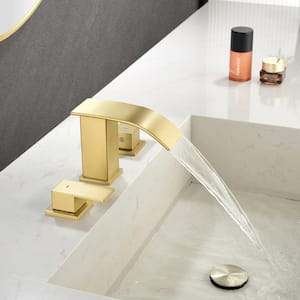 Double Handle 3-hole Bathroom Faucet with a Flat Spout and Pop Up Drain in Brushed Gold