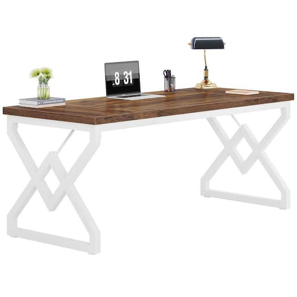 Capen 63" Rectangle Brown White Wood Computer Desk Industrial Farmhouse Office Workstation Simple Modern Thickened Metal