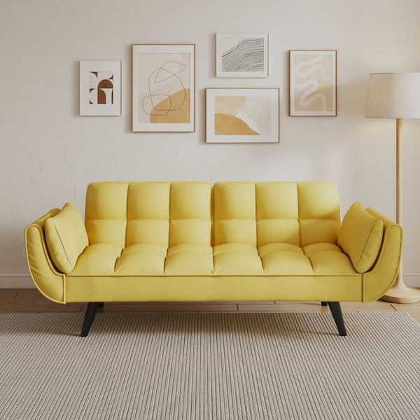 74 in.Yellow Polyester Twin Size Sofa Bed with 2-Pillows