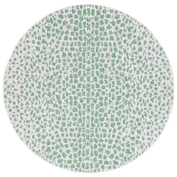 Courtyard Ivory/Green 7 ft. x 7 ft. Cheetah Geometric Indoor/Outdoor Round Area Rug