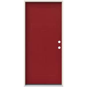 36 in. x 80 in. Left Hand 3 Panel Flat Craftsman Cranberry Painted Steel Prehung Front Door with Brickmould