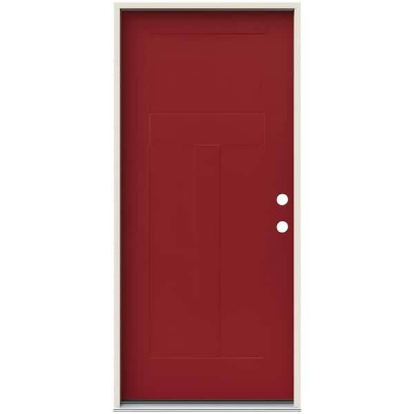 JELD-WEN 36 in. x 80 in. Left Hand 3 Panel Flat Craftsman Cranberry Painted Steel Prehung Front Door with Brickmould