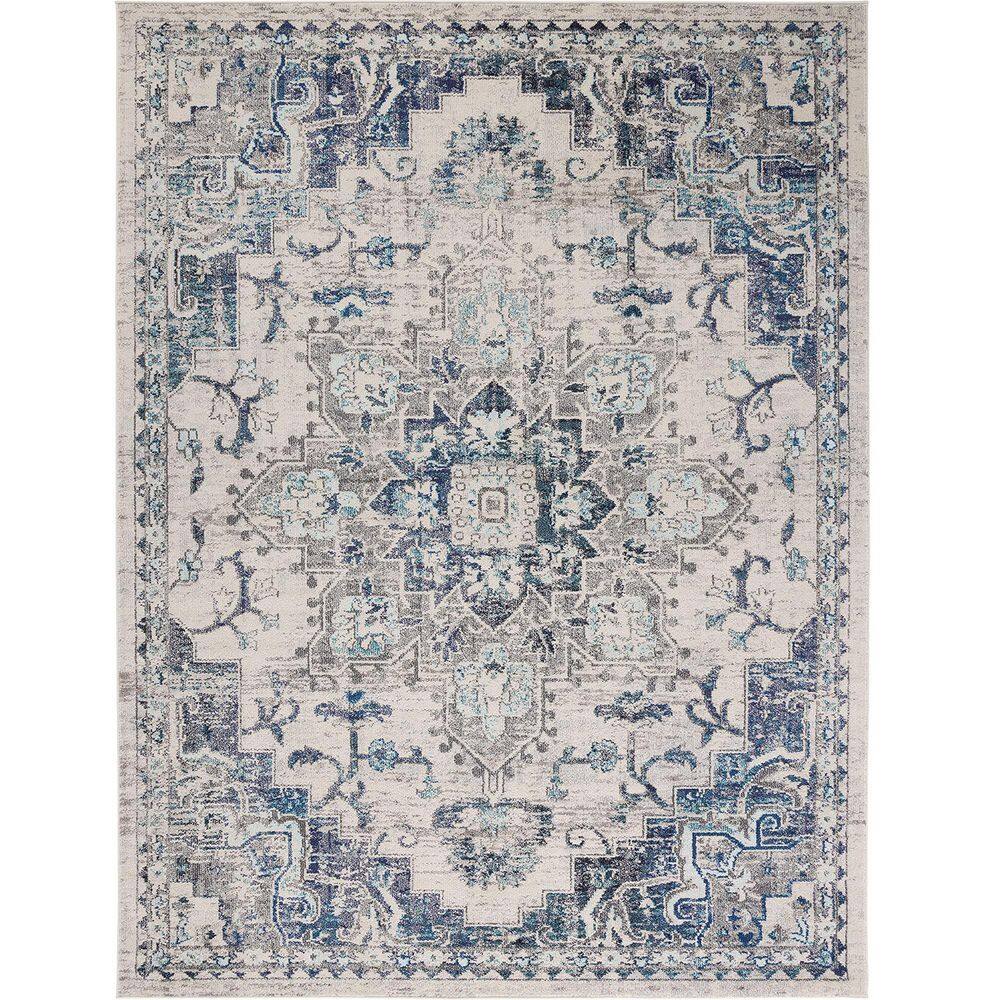Light Blue Polypropylene 6 ft. x 9 ft. Oriental Indoor Area Rug