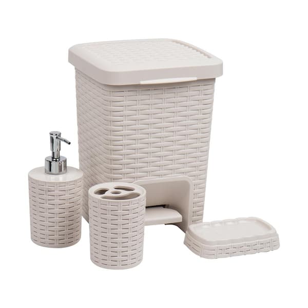 Mind Reader Basket Collection, 4 Piece Bath Accessory Set Wastepaper Basket, Toothbrush Holder, Soap Dispenser and Soap Dish, Ivory