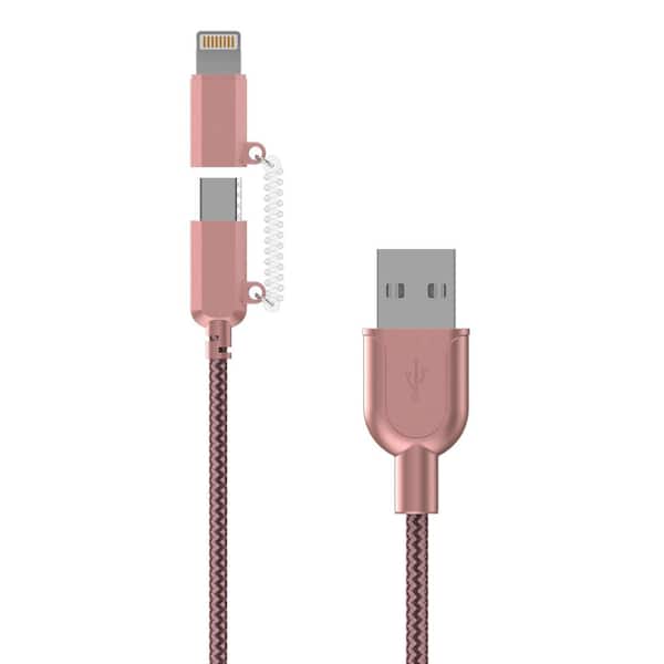 Tzumi 6 ft. 2-in-1 USB Fabric Charging Cable in Rose Gold