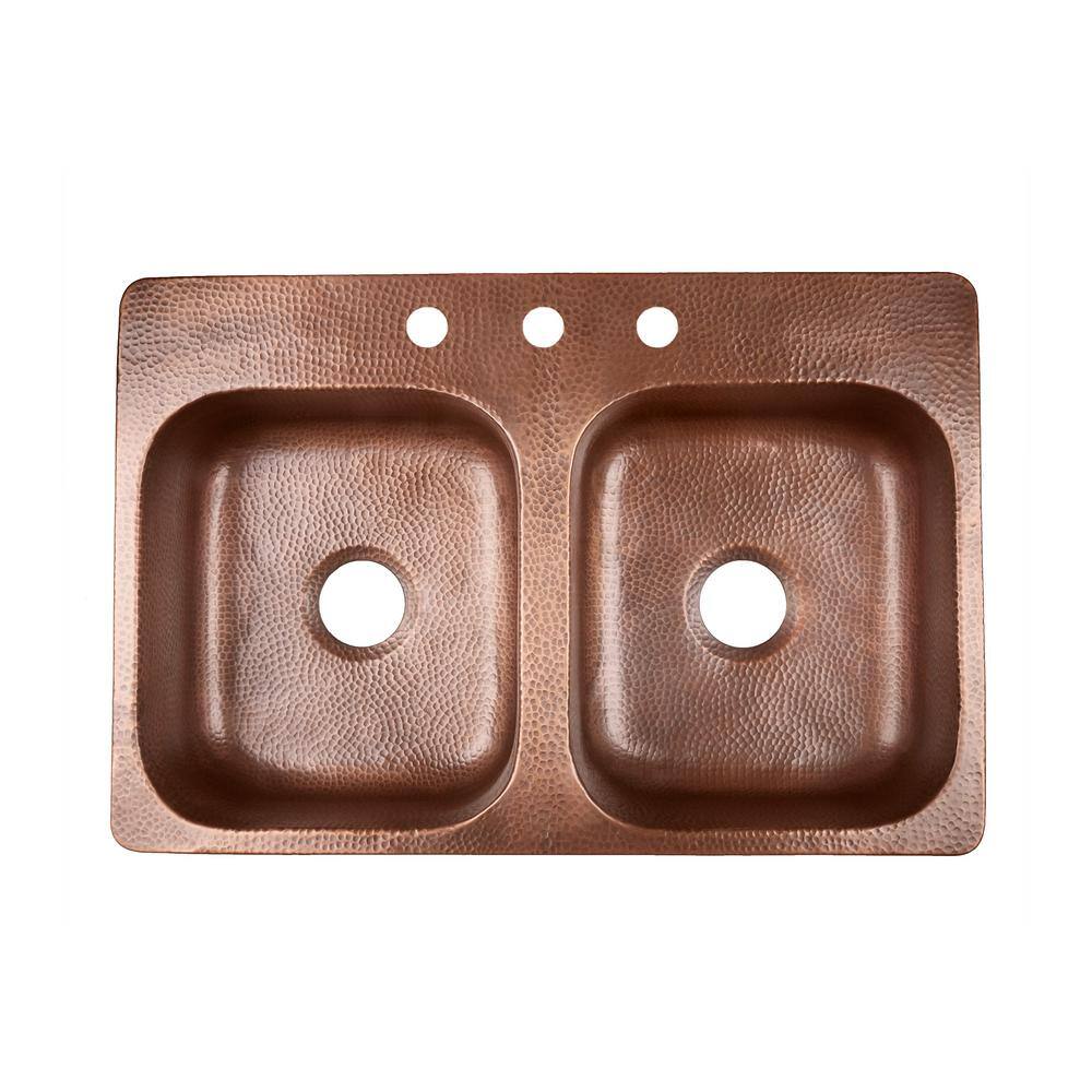 Angelico Hand-Hammered Copper Double Bowl Farmhouse Sink, 33"