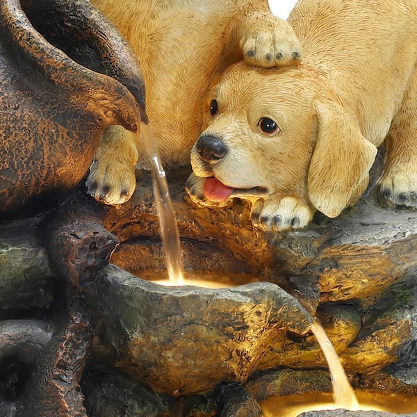 LuxenHome Puppy Friends Farmhouse Resin Outdoor Waterfall Fountain