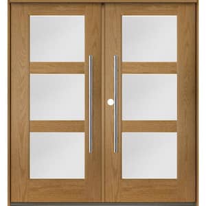 Faux Pivot 72 in. x 80 in. Right-Active/Inswing 3-Lite Satin Glass Bourbon Stain Double Fiberglass Prehung Front Door
