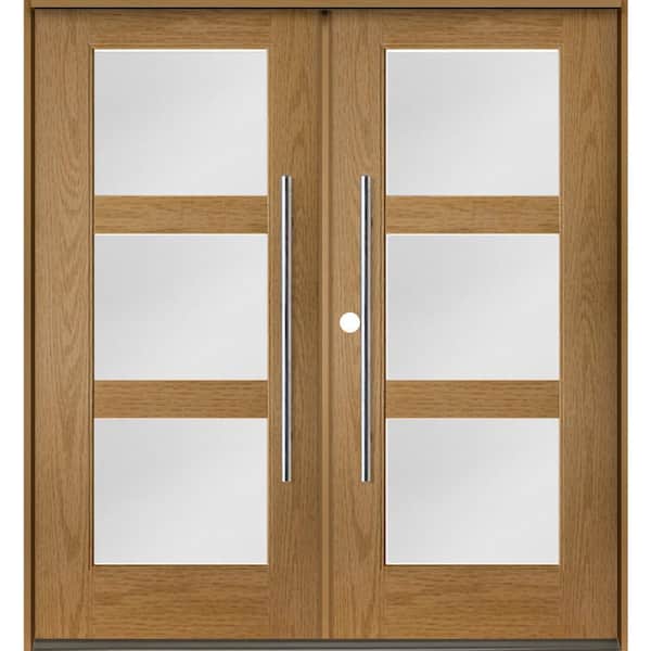 Krosswood Doors Faux Pivot 72 in. x 80 in. Right-Active/Inswing 3-Lite Satin Glass Bourbon Stain Double Fiberglass Prehung Front Door