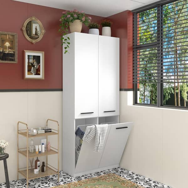 FUFU&GAGA 31.5 in. W White Wood 3 Shelves Laundry Room Cabinet with 2 Flip Laundry Hampe