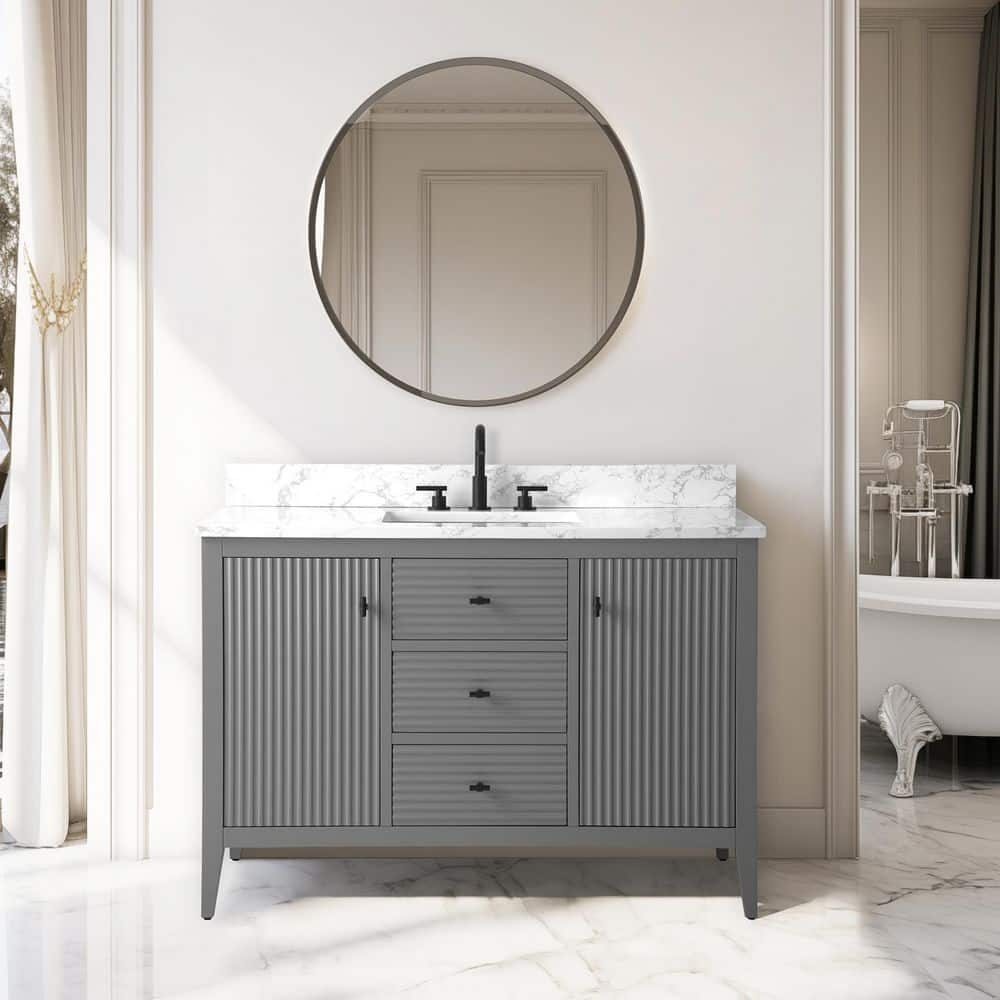 48 in. W x 22 in D x 38 in. H Single Sink Bath Vanity Cabinet in Linear Gray with White Engineered Marble Top price history on PriceWatchPro