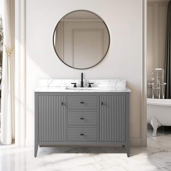Vanity Art 48 in. W x 22 in D x 38 in. H Single Sink Bath Vanity Cabinet in Linear Gray with White Engineered Marble Top