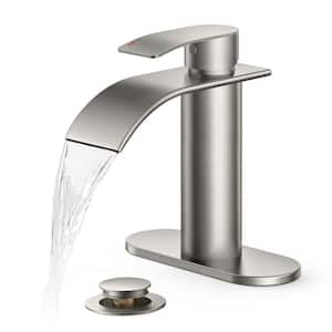 Waterfall Single Hole Single Handle Modern Bathroom Sink Faucet with Deckplate and Pop-Up Drain in Brushed Nickel