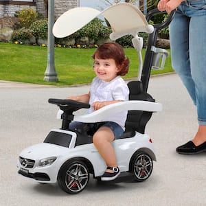 3 in 1 Kids Ride On Push Car for Toddlers with Canopy and Push Rod, White