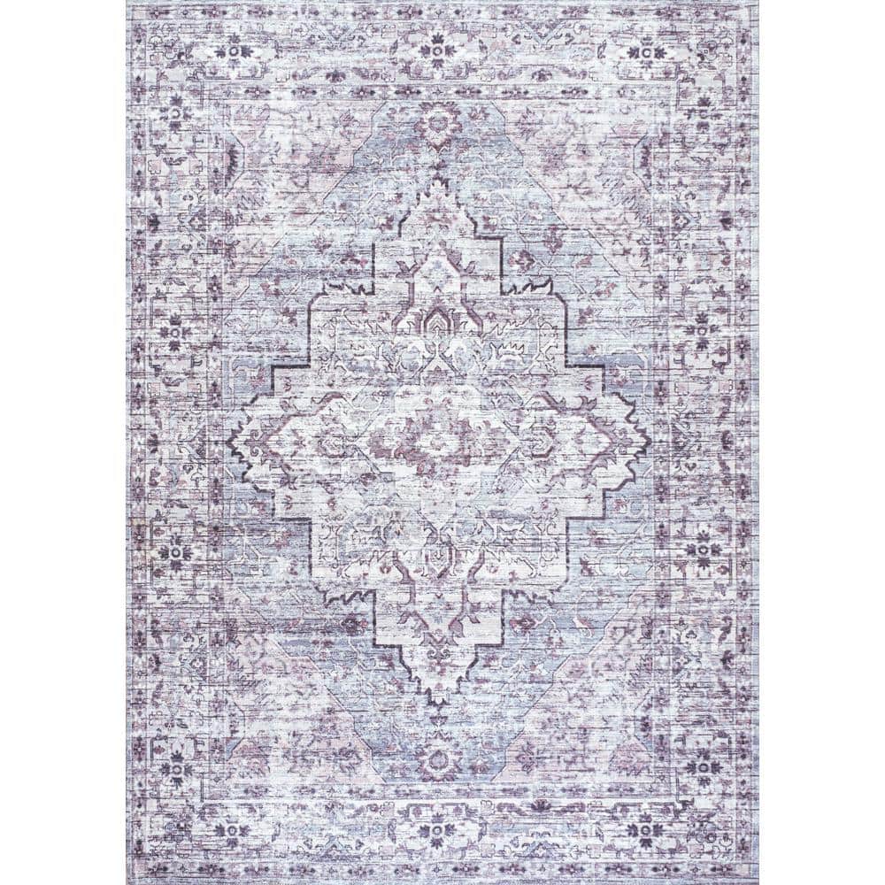 Didim Gray and Purple Medallion Washable 4' x 6' Area Rug