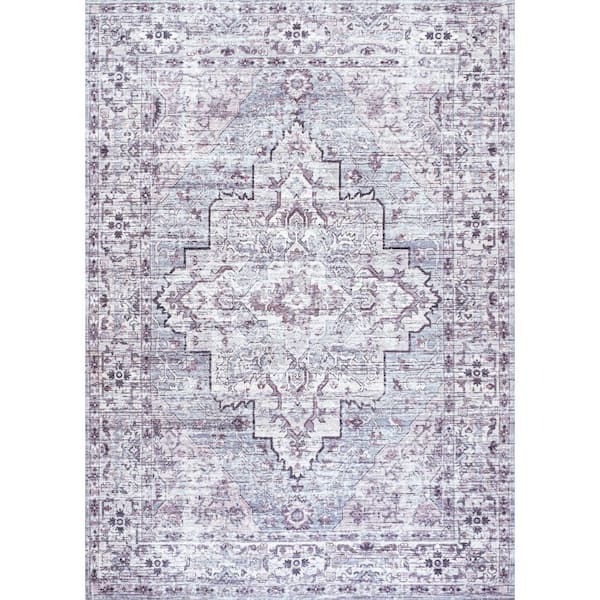 Didim Boho Gray Medallion Machine Washable Gray/Purple 8 ft. x 10 ft. Indoor Area Rug