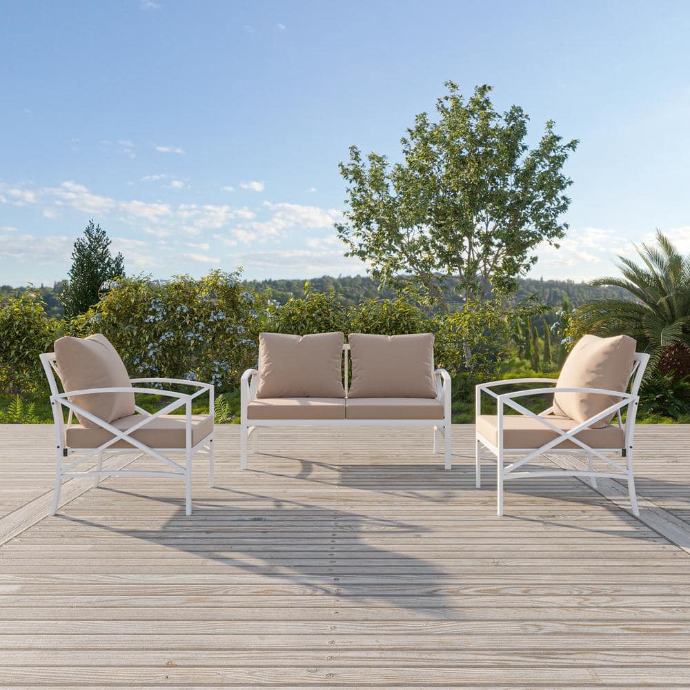 White 3-Piece Metal Patio Conversation Set with Beige Cushions