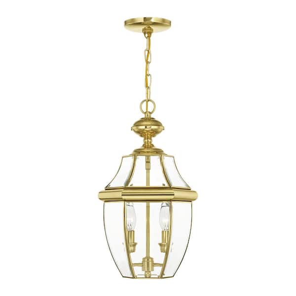 AVIANCE LIGHTING Aston 19 in. 2-Light Polished Brass Dimmable Outdoor Pendant Light with Clear Beveled Glass and No Bulbs Included