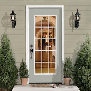32 in. x 80 in. Silver Clouds 15 Lite Left Hand Clear Glass Painted Steel Prehung Front Door Brickmold/Vinyl Frame