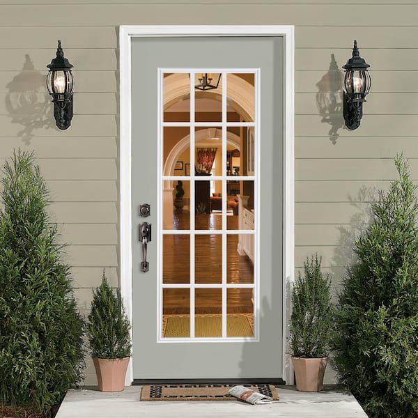 32 in. x 80 in. Silver Clouds 15 Lite Left Hand Clear Glass Painted Steel Prehung Front Door Brickmold/Vinyl Frame