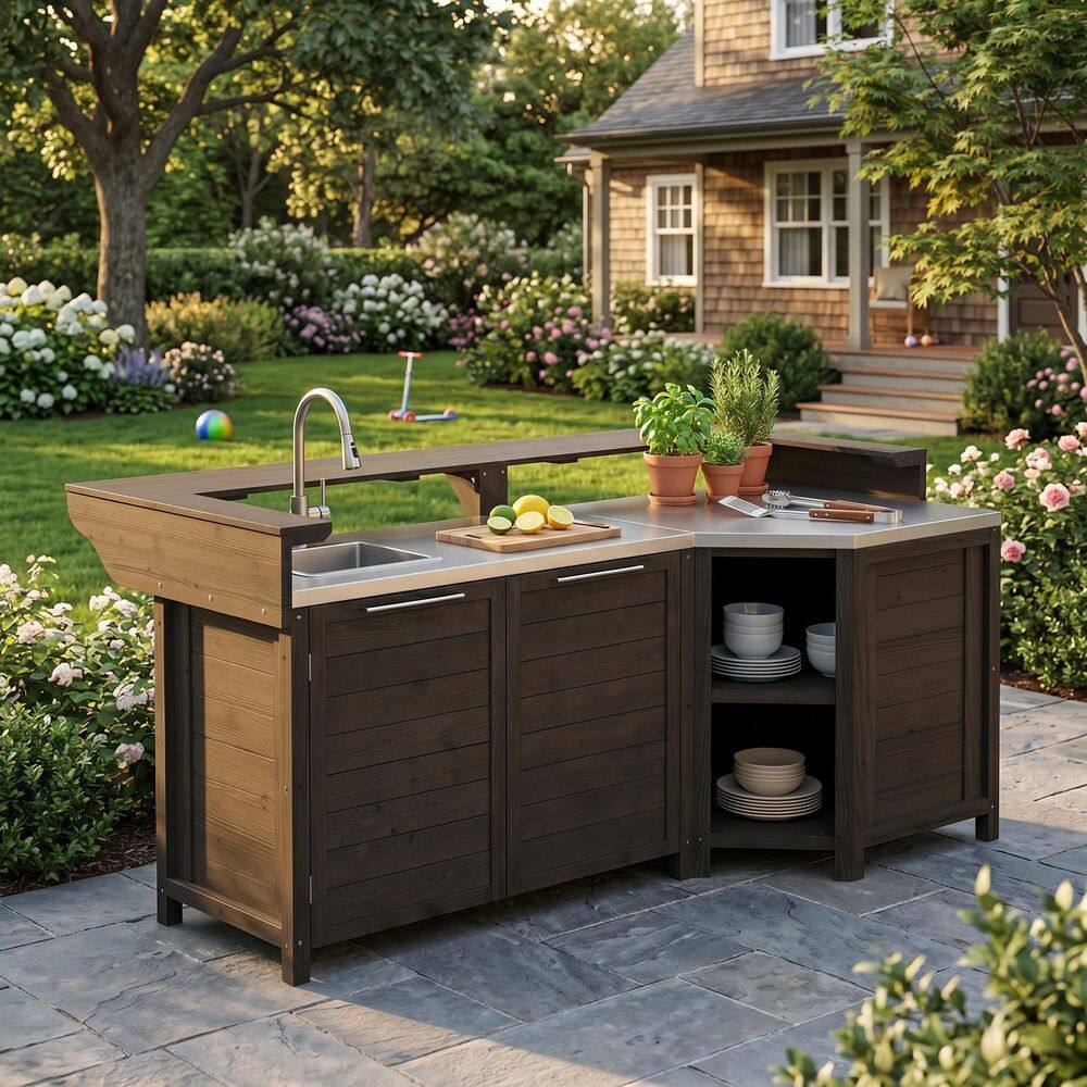 Cedar Wood Burner Propane Tank Grill Island in Black 3-Piece Stainless Steel Top Sink Bar Modular Outdoor Kitchen price history on PriceWatchPro