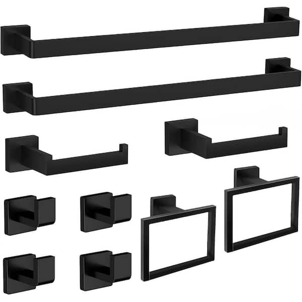 10-Piece Matte Black Bathroom Accessories Set with Towel Racks, Rings, Hooks, Toilet Paper Holders in Stainless Steel