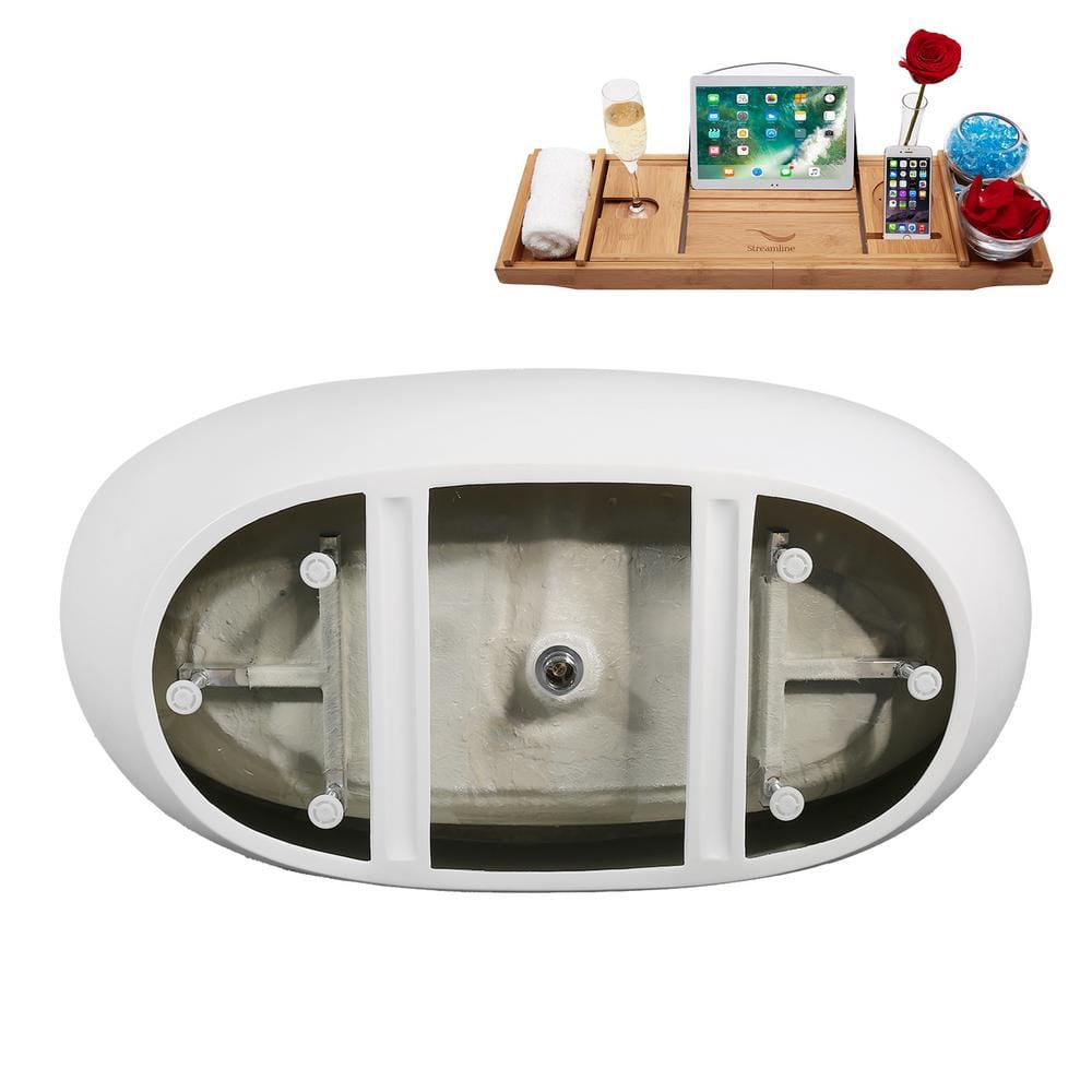 67" Glossy White Acrylic Freestanding Double Slipper Tub with Bamboo Tray