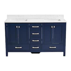 Bath Mist 60 in. W. Double Sink Freestanding Bath Vanity in Blue with White Engineered Top