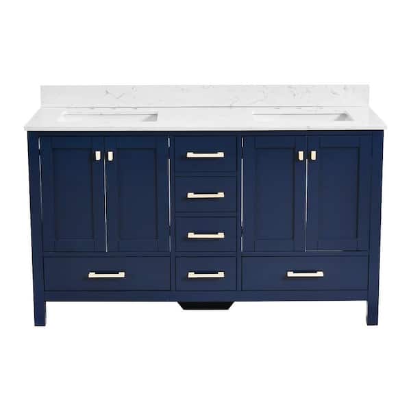 YASINU Bath Mist 60 in. W. Double Sink Freestanding Bath Vanity in Blue with White Engineered Top