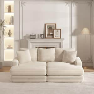 86 in. Comfy Square Arm Polyester Corduroy Modular Deep 3-Seater Sofa Couch with Back Pillows, Toss Pillows and Ottoman