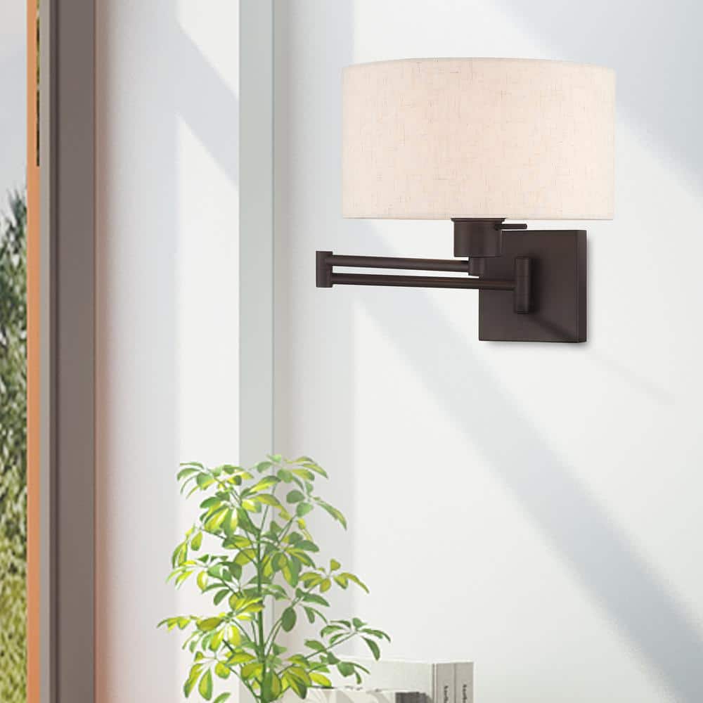 Bronze Swing Arm Wall Lamp with Oatmeal Shade