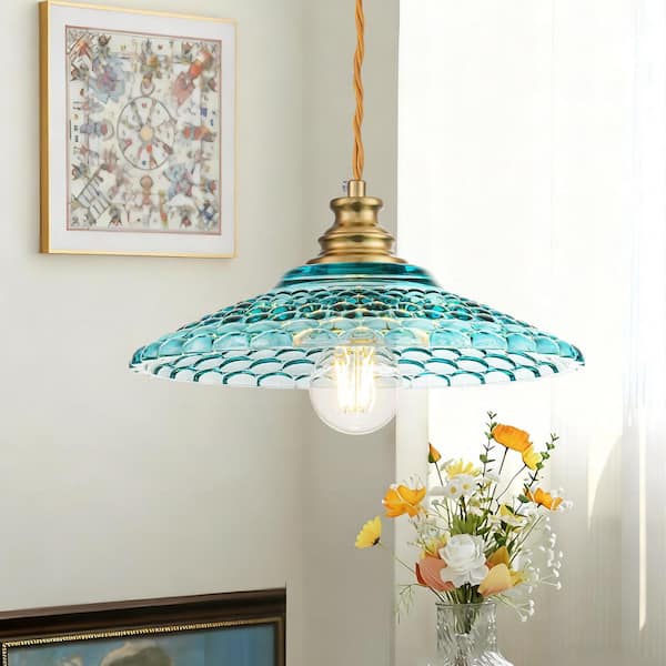 Reback 11.4 in. 1-Light Brass Dome Pendant Light with Blue Beaded Glass Shade
